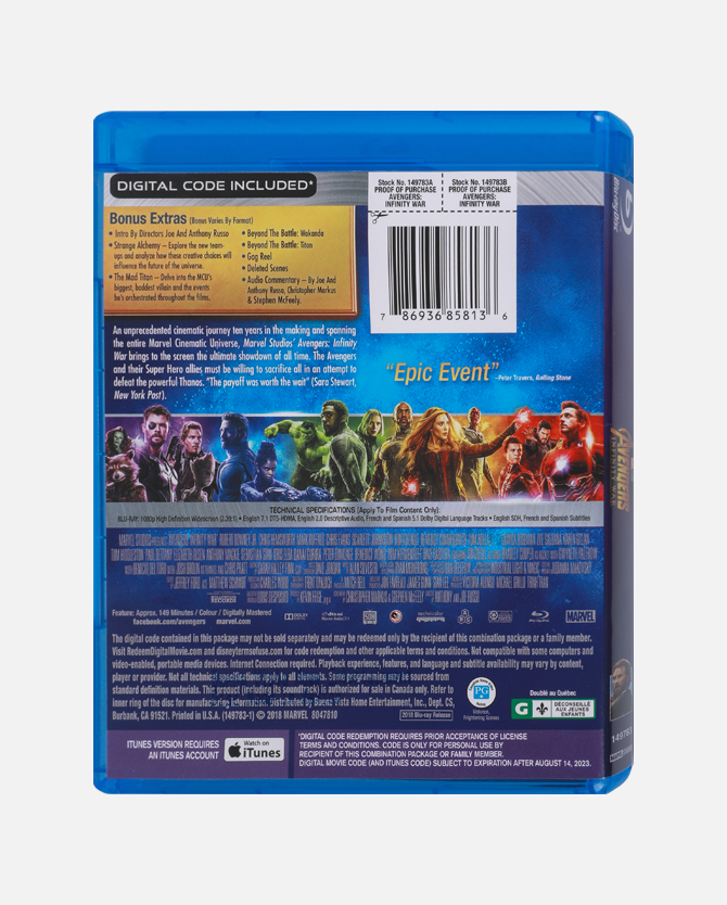 Marvel Studios' Avengers: Infinity War Blu-ray + Digital Code - Canada